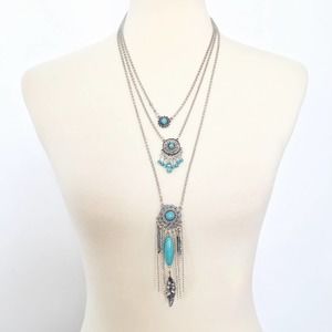 NWOT Layered multistrand boho silver and turquoise necklace